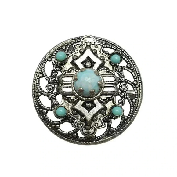 Blue Art Glass Flower Medallion Openwork Brooch Pin Silver Tone Vintage - Picture 1 of 4